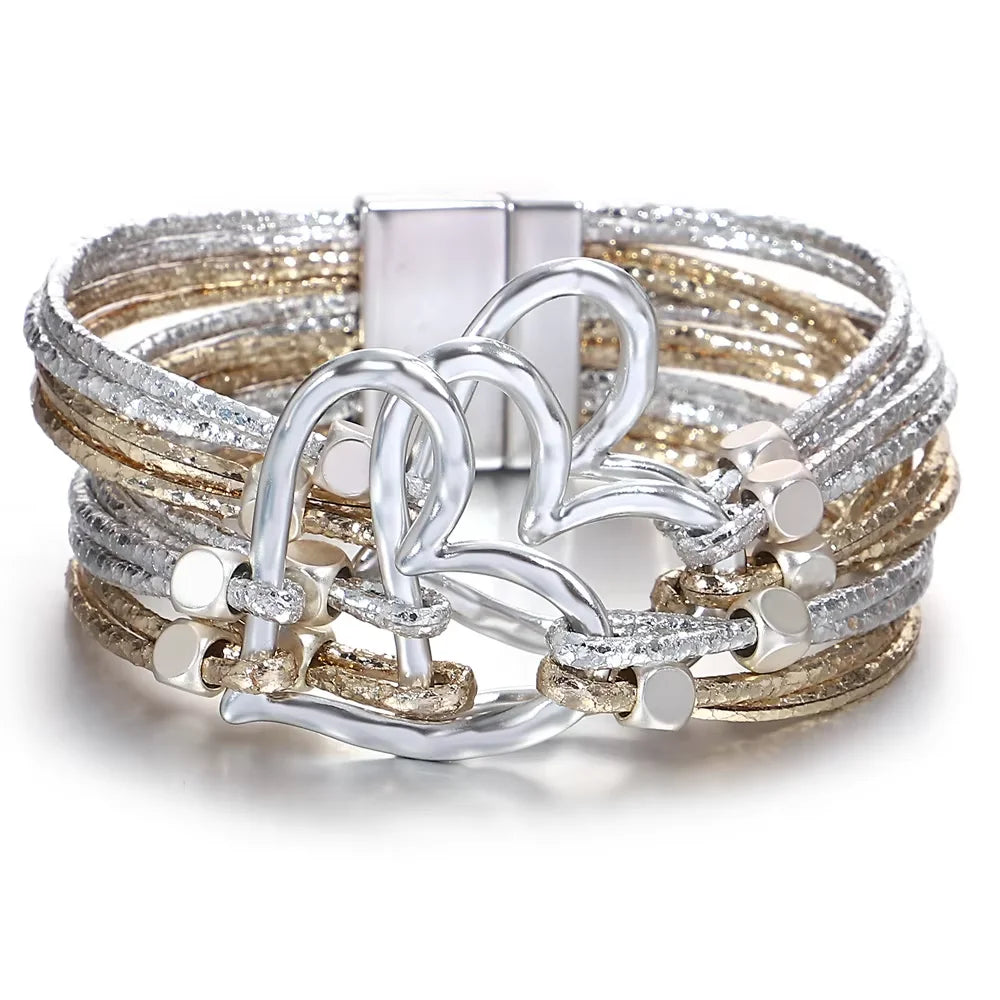 Bracelet en cuir tressé avec grand cœur pour femme – Style tendance
