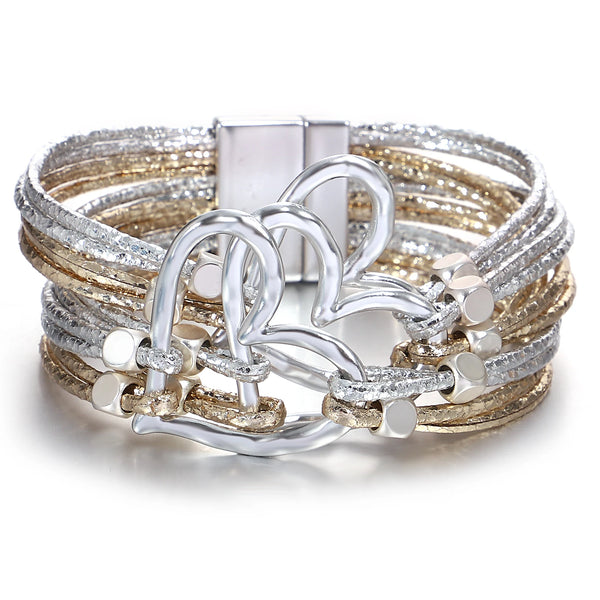 Bracelet en cuir tressé avec grand cœur pour femme  – Style tendance