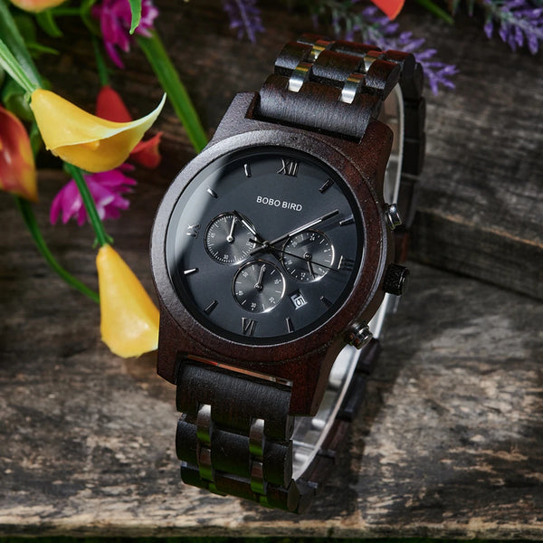 Montre Quartz argenté bracelet cuir en bois pour homme - BOBO BIRD