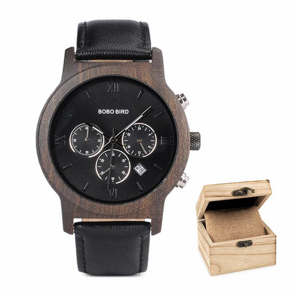 Montre Quartz noir bracelet cuir en bois pour homme - BOBO BIRD