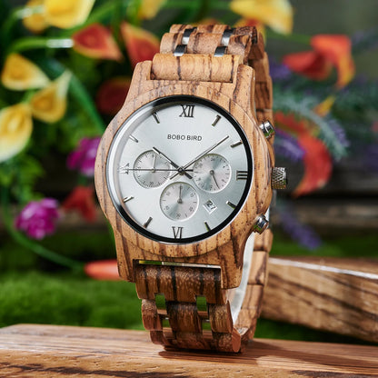 Montre Quartz noir bracelet cuir en bois pour homme - BOBO BIRD
