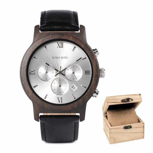 Montre Quartz argenté bracelet cuir en bois pour homme - BOBO BIRD
