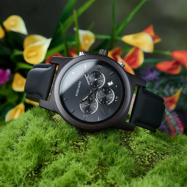 Montre Quartz noir bracelet cuir en bois pour homme - BOBO BIRD